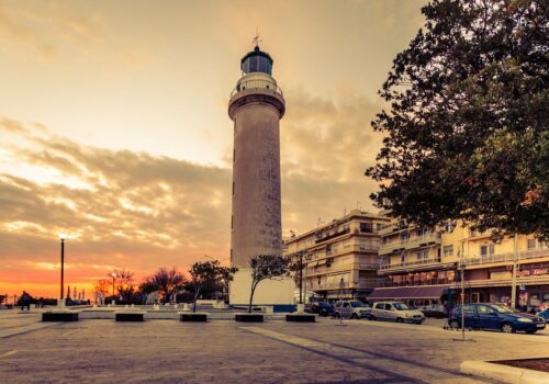 The lighthouse of Alexandroupoli at sunset time.